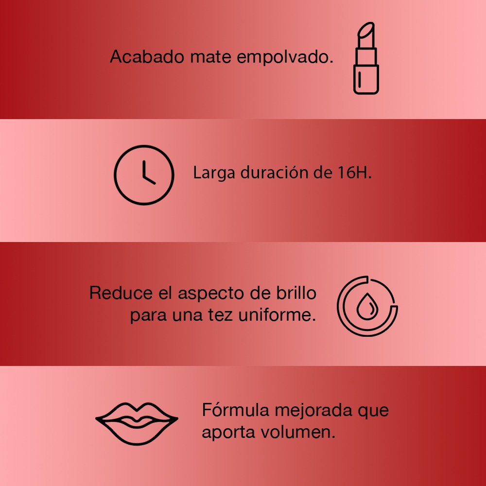 Acabado mate empolvado, larga duración de 16 horas, reduce el impacto de brillo para una tez uniforme. Fórmula mejorada que aporta volumen. Colombia.